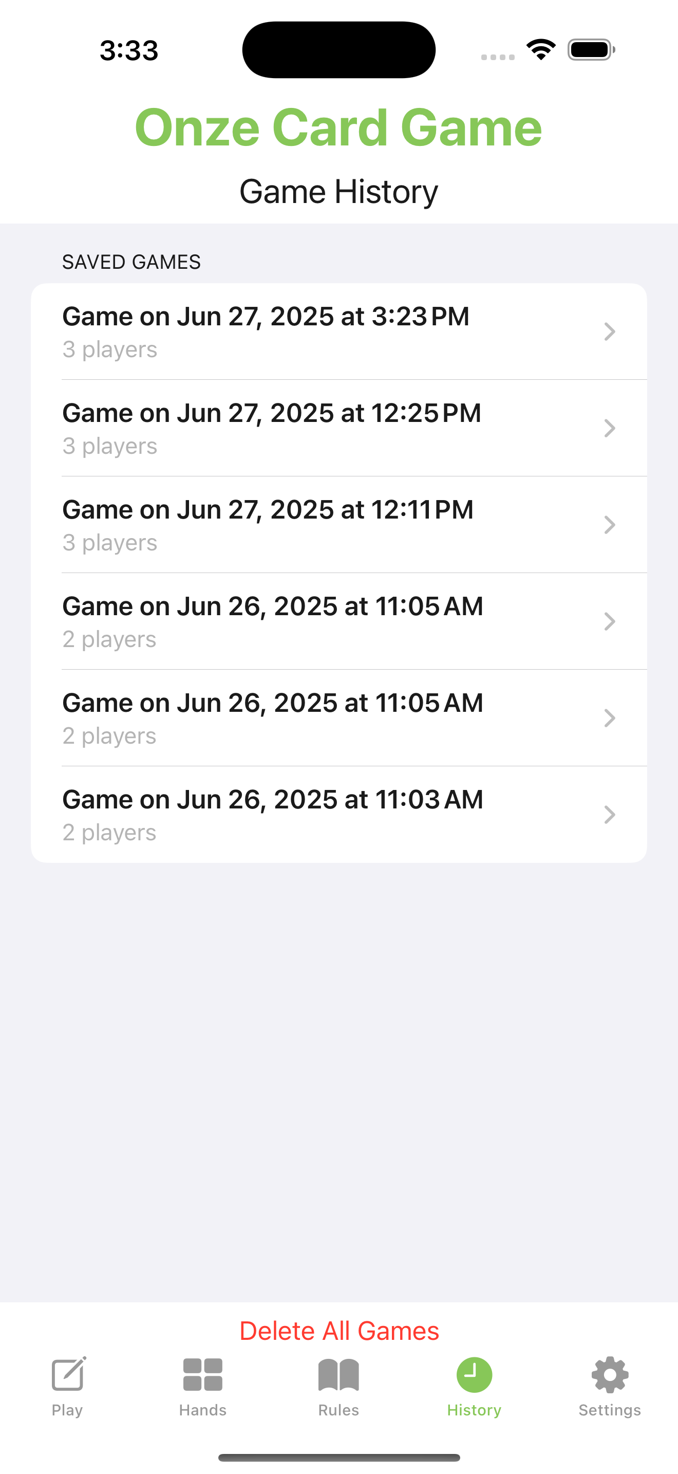Onze Game History Screen