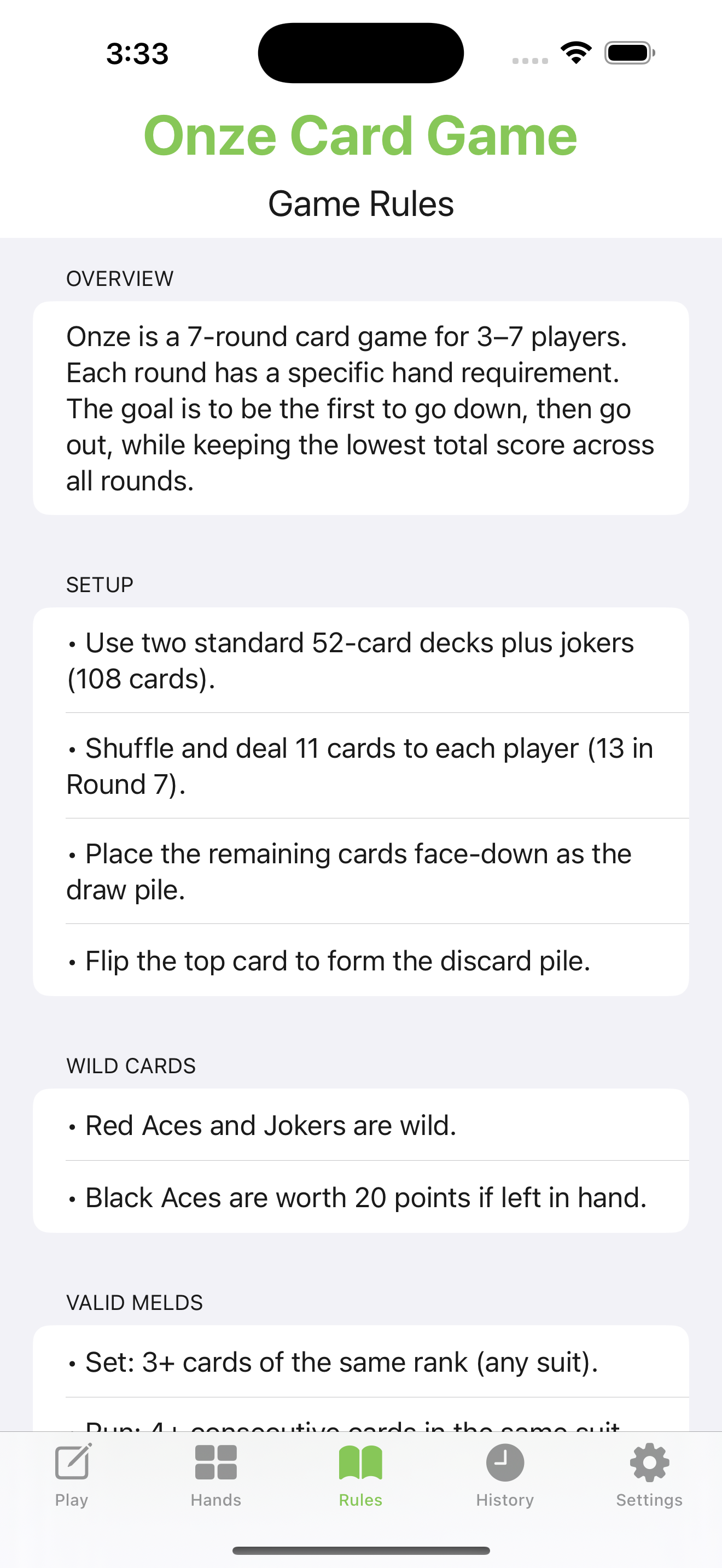 Onze Game Rules Screen